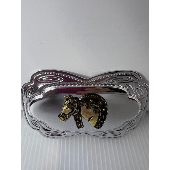 Other - Western Horse Head Horseshoe Belt Buckle Silver Brass Tone Ornate Scalloped Edge